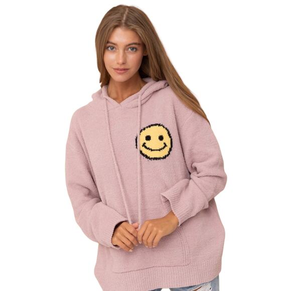 Blue b sz M / L oversized fuzzy smiley face sweater warm winter pink cozy soft - Picture 2 of 8